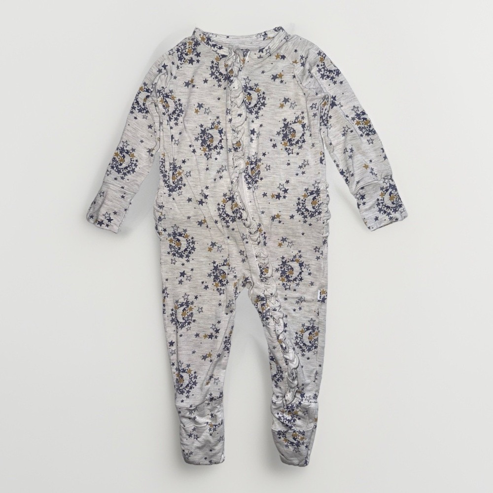 Little Sleepies Moon Stars Zippy Sleeper Girls 3-6M Bamboo Ruffle Butt Pajamas